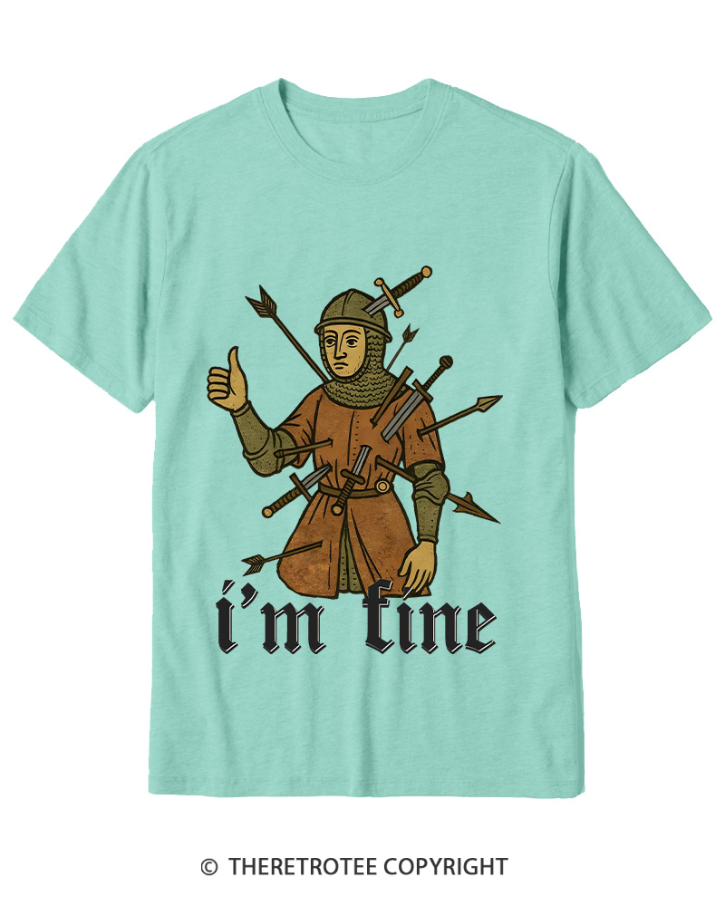 TheRetroTee Medieval Knight I’m Fine 1970s Cotton T-Shirt