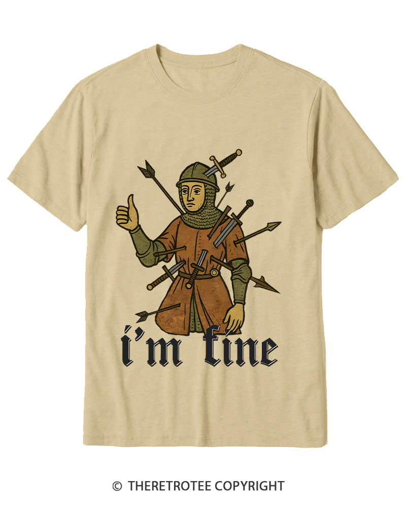 TheRetroTee Medieval Knight I’m Fine 1970s Cotton T-Shirt