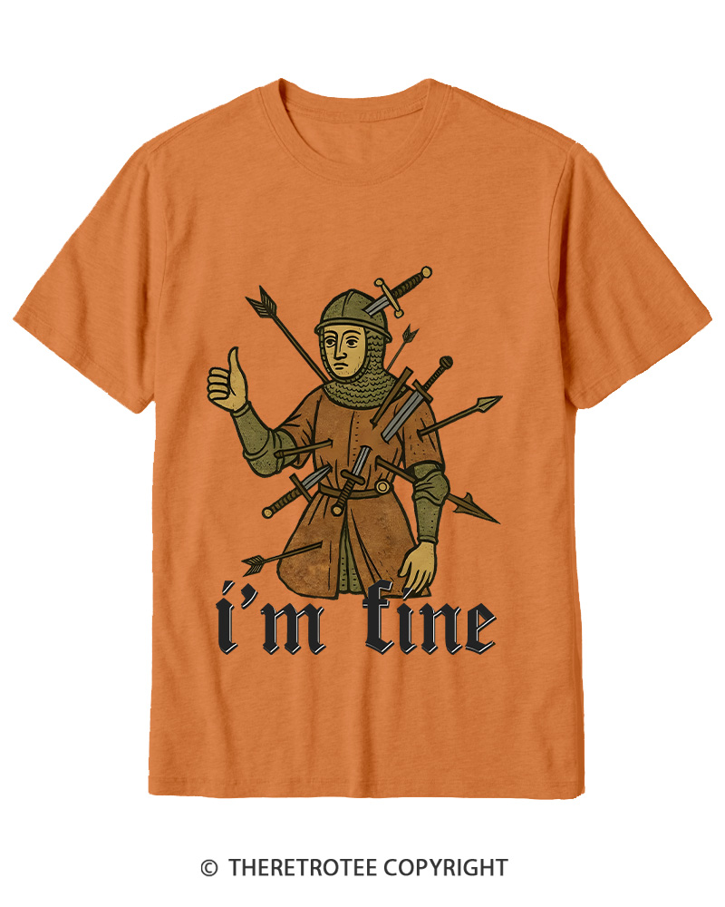 TheRetroTee Medieval Knight I’m Fine 1970s Cotton T-Shirt
