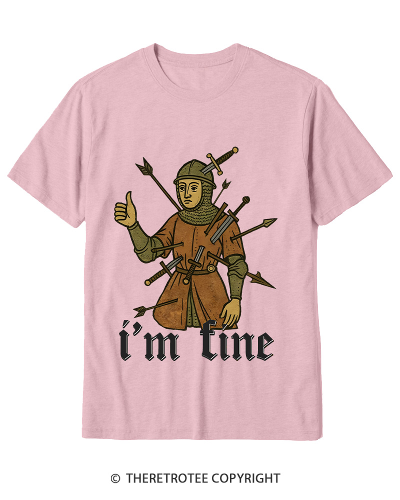 TheRetroTee Medieval Knight I’m Fine 1970s Cotton T-Shirt