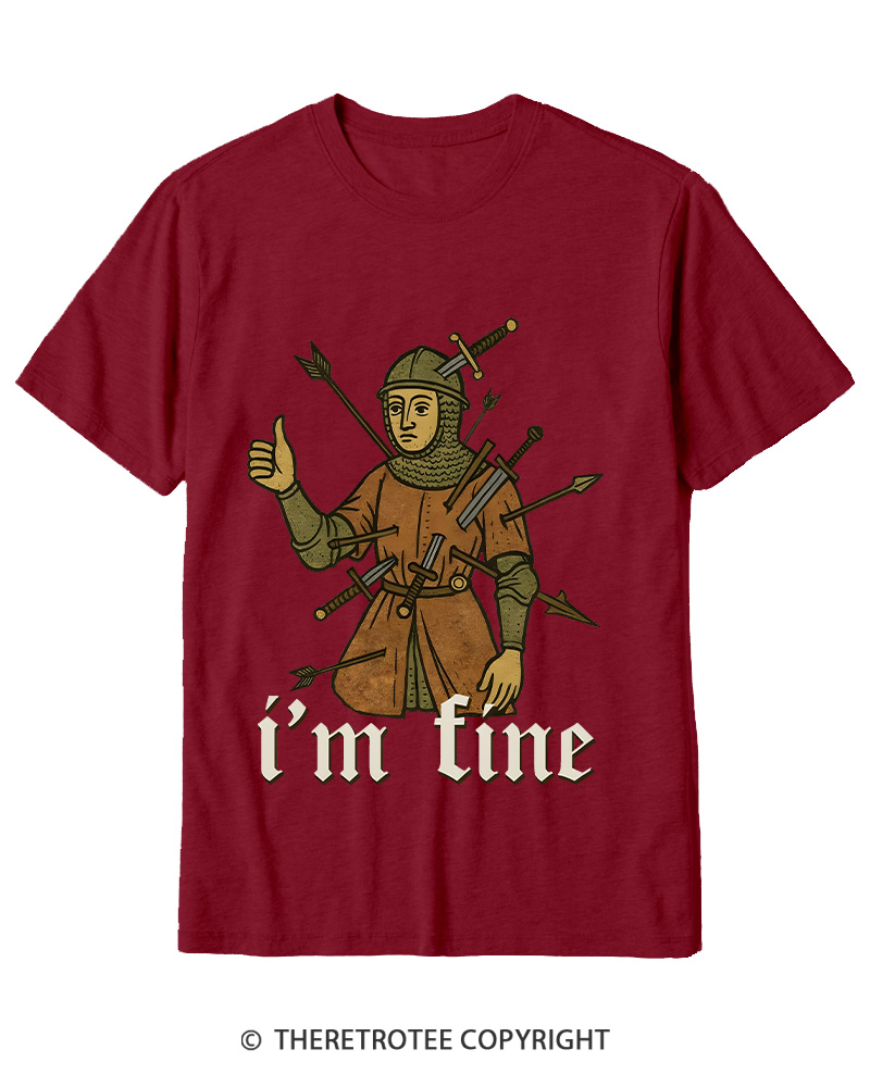 TheRetroTee Medieval Knight I’m Fine 1970s Cotton T-Shirt