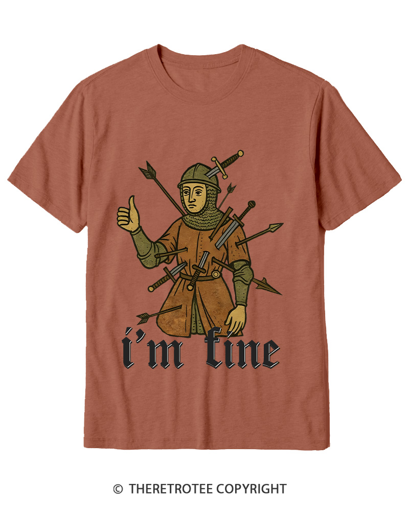 TheRetroTee Medieval Knight I’m Fine 1970s Cotton T-Shirt