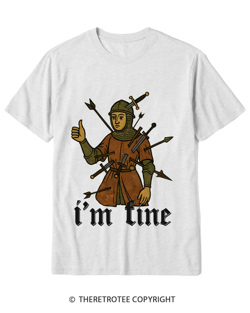 TheRetroTee Medieval Knight I’m Fine 1970s Cotton T-Shirt