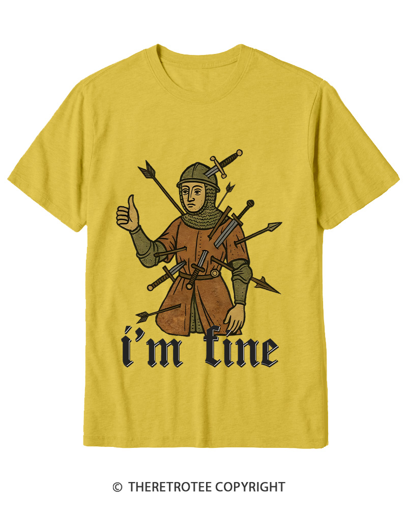 TheRetroTee Medieval Knight I’m Fine 1970s Cotton T-Shirt