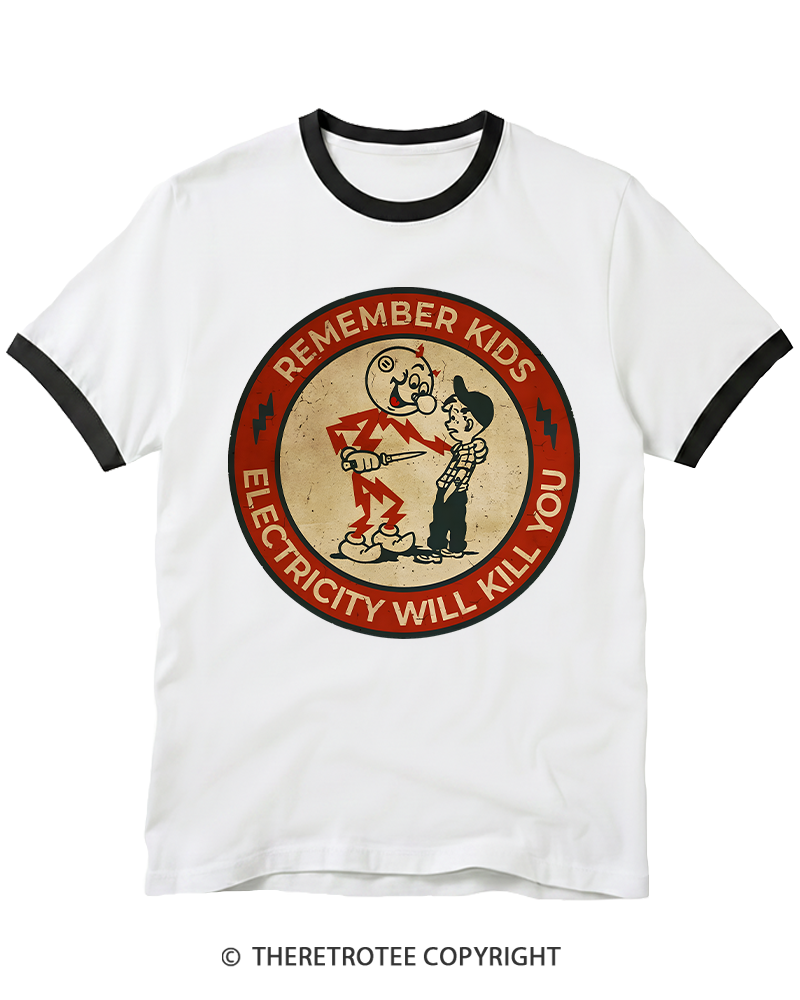 TheRetroTee Electricity Will Kill You Kids 1950s Ringer T-shirt