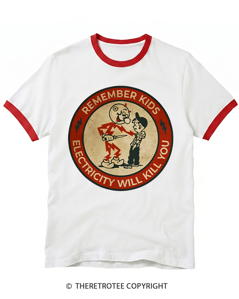 TheRetroTee Electricity Will Kill You Kids 1950s Ringer T-shirt