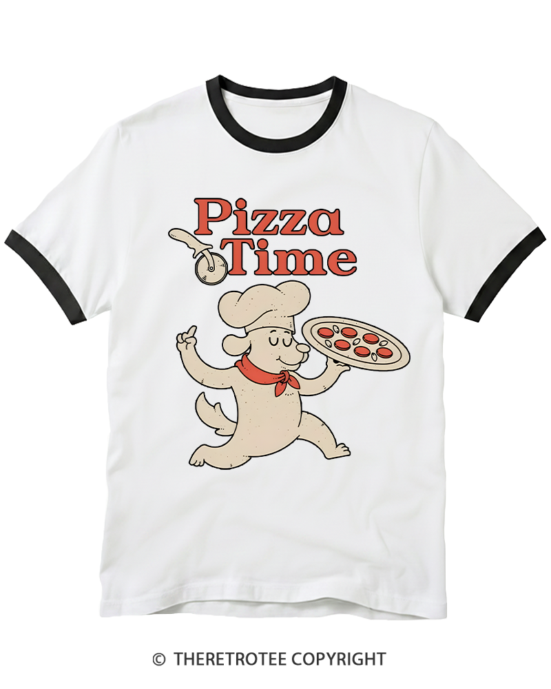 TheRetroTee Happy Dog Pizza Time 1970s Ringer T-shirt
