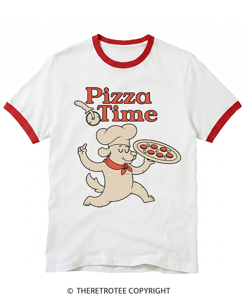 TheRetroTee Happy Dog Pizza Time 1970s Ringer T-shirt