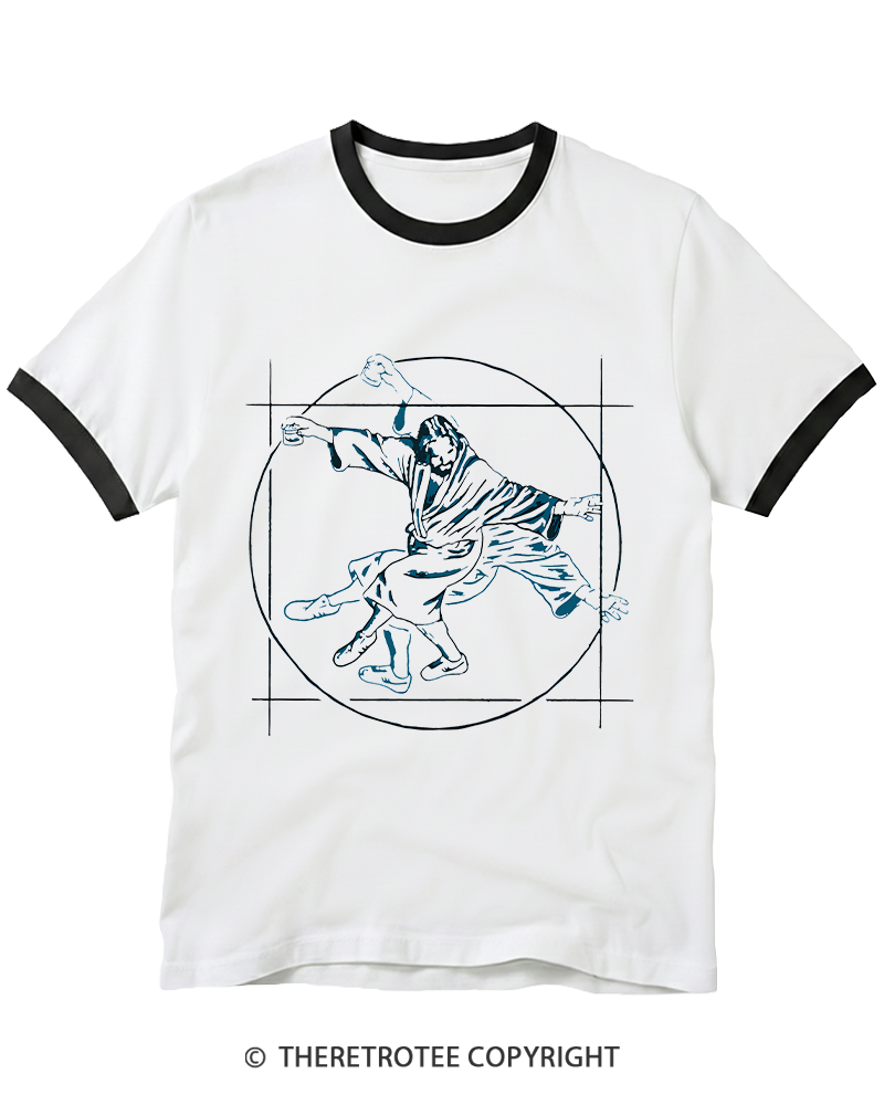 TheRetroTee Vitruvian Dude Blue Big Lebowski The Dude Tai Chi Ringer T-shirt