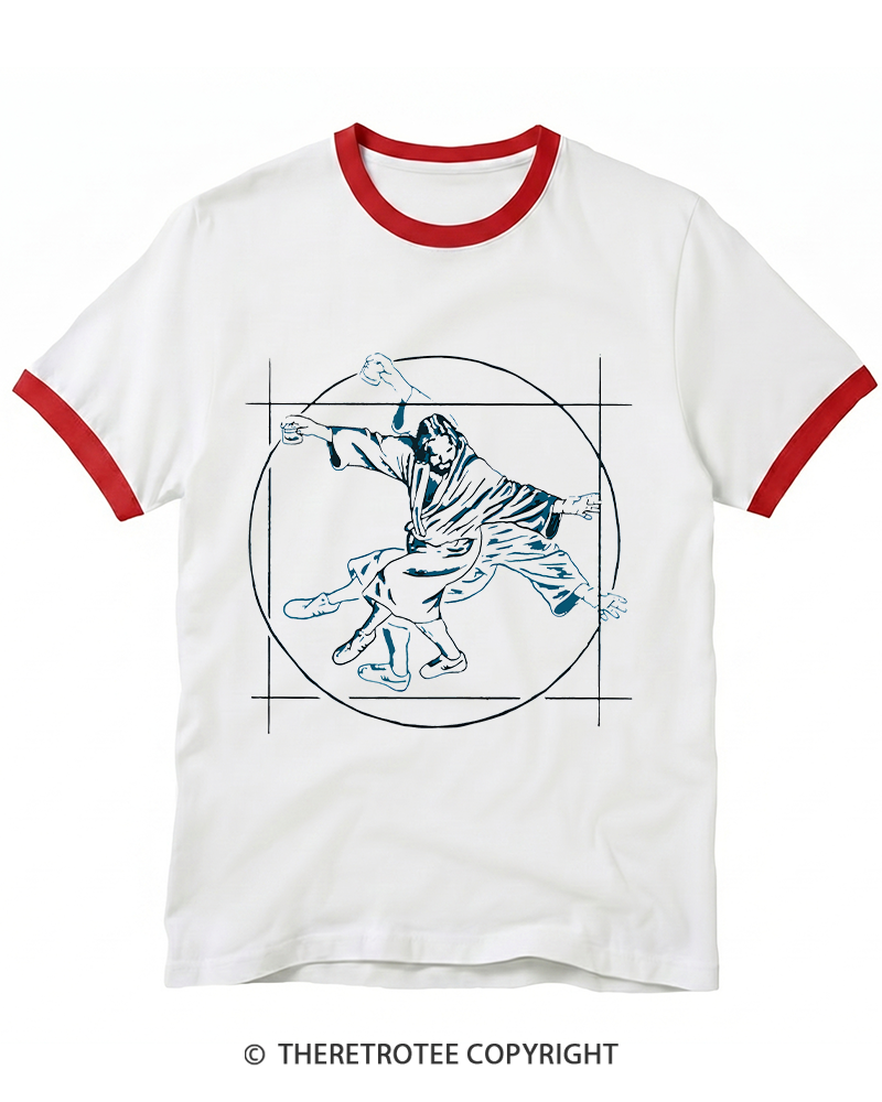 TheRetroTee Vitruvian Dude Blue Big Lebowski The Dude Tai Chi Ringer T-shirt