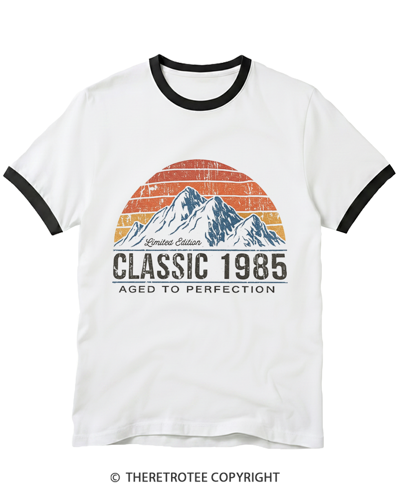 TheRetroTee 1985 Classic Mountain & Sunset Personalized Custom Year 1980s Ringer T-shirt