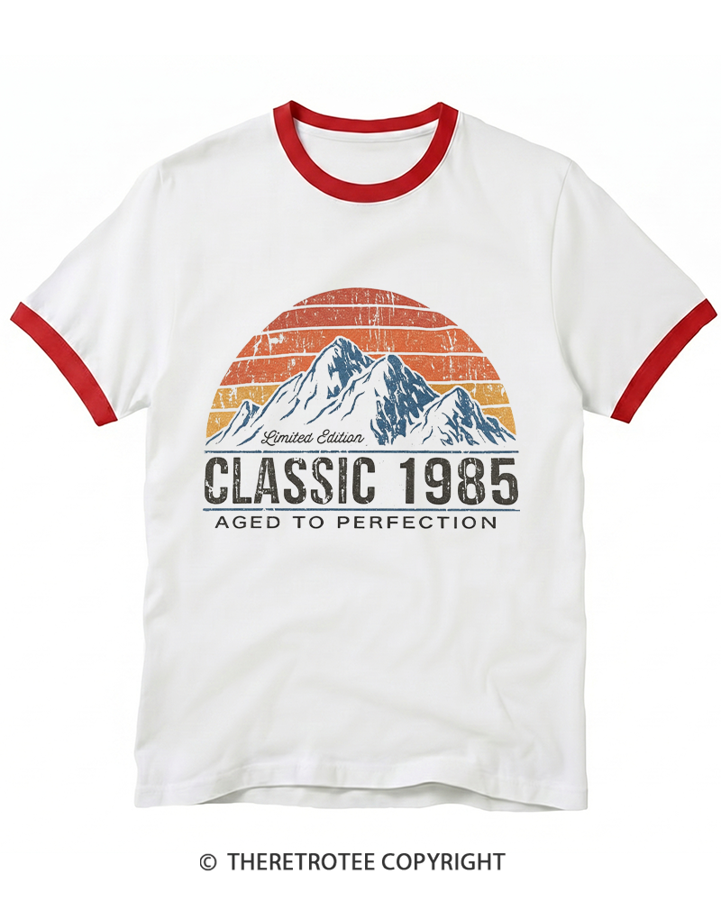 TheRetroTee 1985 Classic Mountain & Sunset Personalized Custom Year 1980s Ringer T-shirt