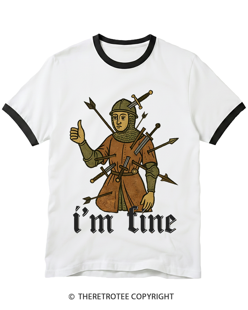 TheRetroTee Medieval Knight I’m Fine 1970s Ringer T-shirt