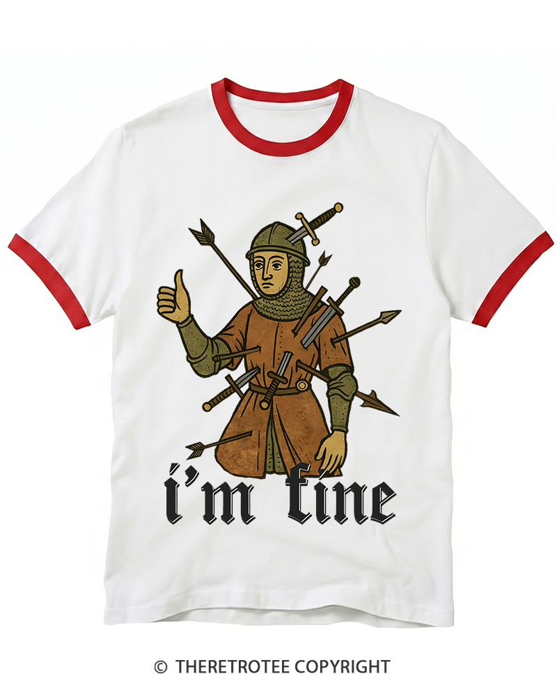 TheRetroTee Medieval Knight I’m Fine 1970s Ringer T-shirt