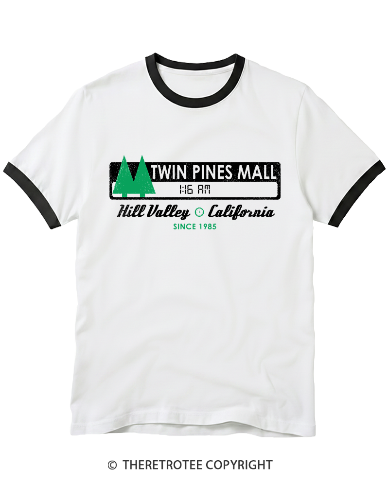 TheRetroTee Twin Pines mall Sign Worn 1980s Ringer T-shirt