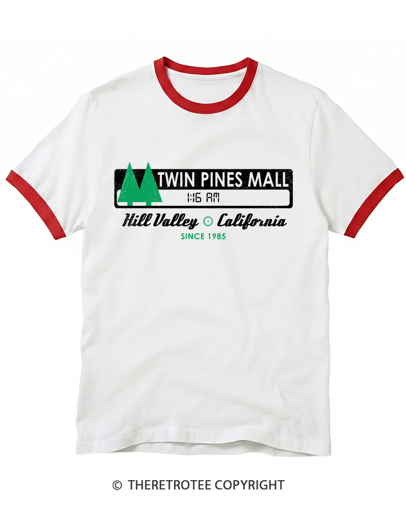 TheRetroTee Twin Pines mall Sign Worn 1980s Ringer T-shirt