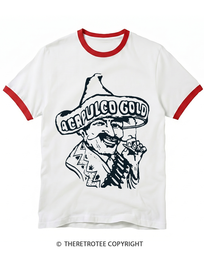 TheRetroTee Vintage Acapulco Gold Cannabis Marijuana Weed Hispanic 1970s Ringer T-shirt