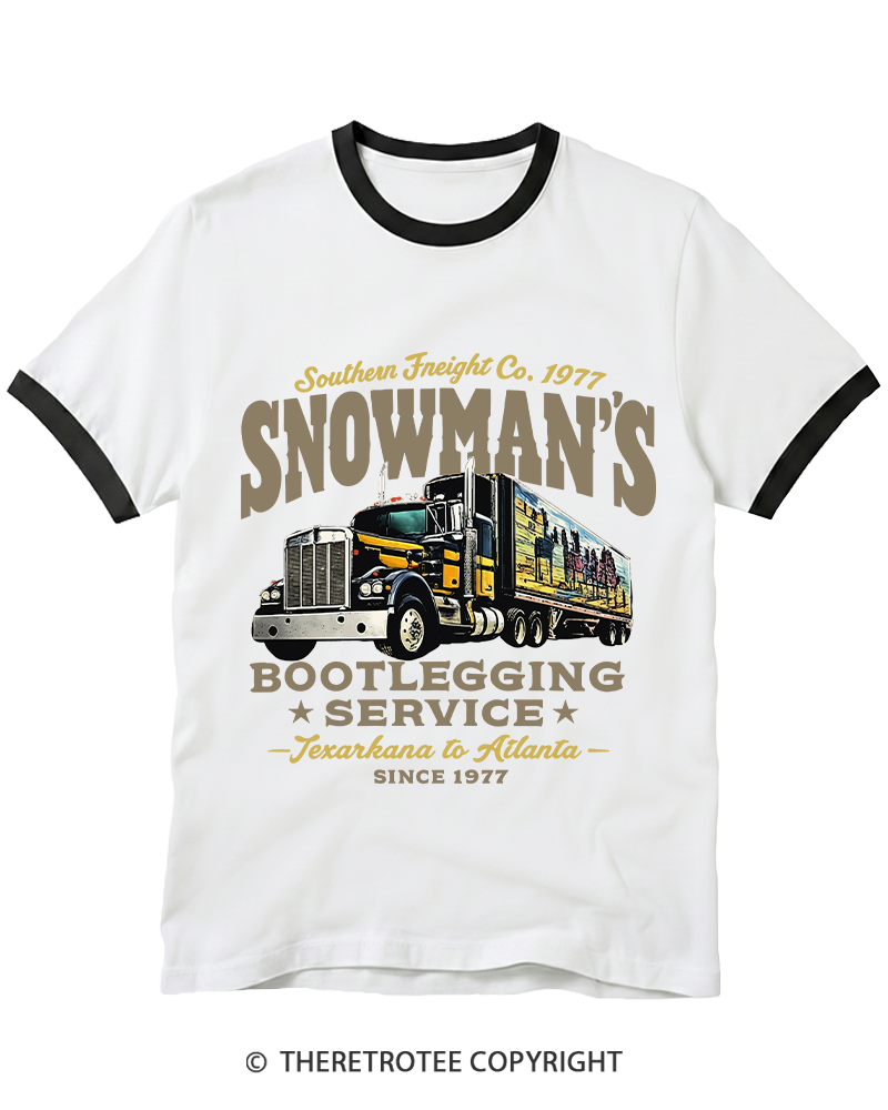 TheRetroTee Snowman's Bootlegging Service 1970s Ringer T-shirt
