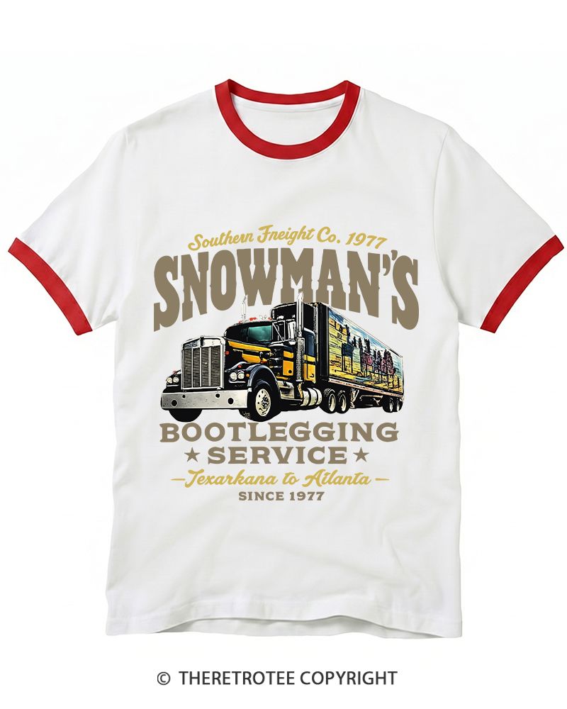 TheRetroTee Snowman's Bootlegging Service 1970s Ringer T-shirt