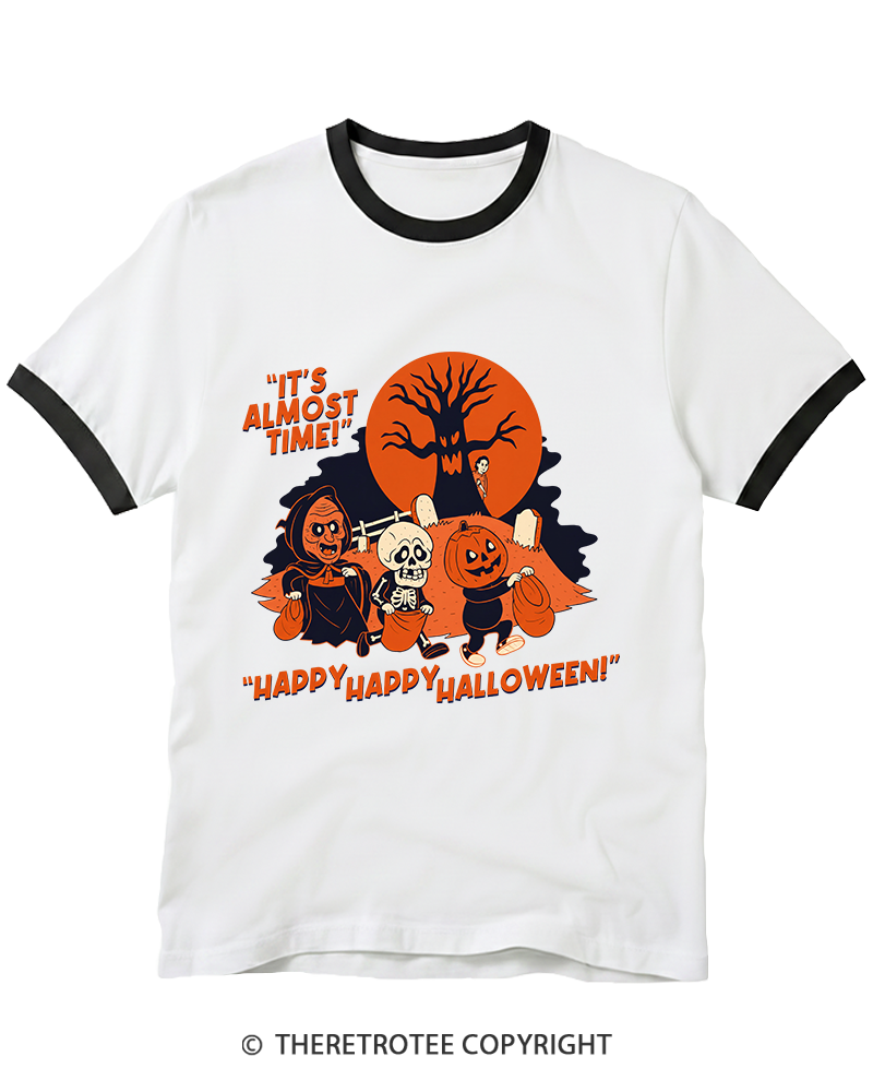TheRetroTee It's Almost Time! Happy Happy Halloween! 1960s Ringer T-Shirt
