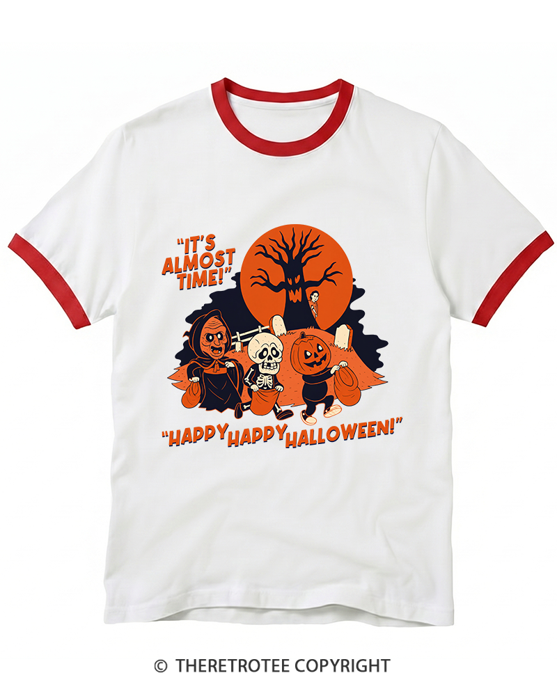 TheRetroTee It's Almost Time! Happy Happy Halloween! 1960s Ringer T-Shirt