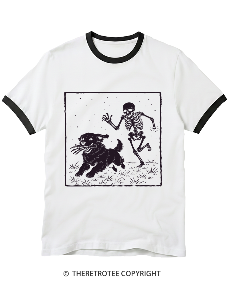 TheRetroTee Funny Skeleton Dog Ringer T-Shirt