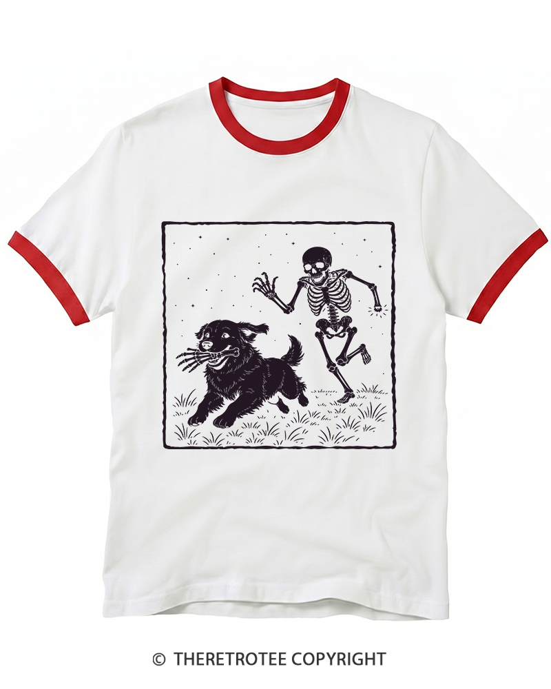 TheRetroTee Funny Skeleton Dog Ringer T-Shirt