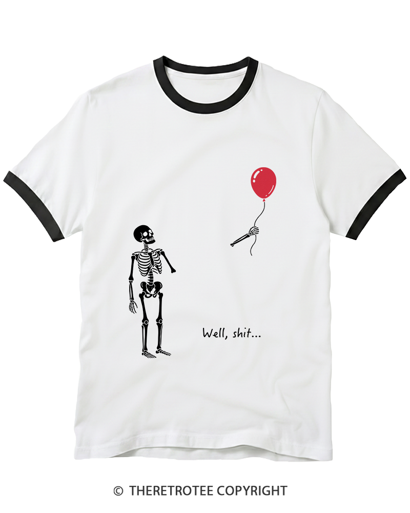TheRetroTee Skeleton Lost Balloon Well Shit Ringer T-Shirt
