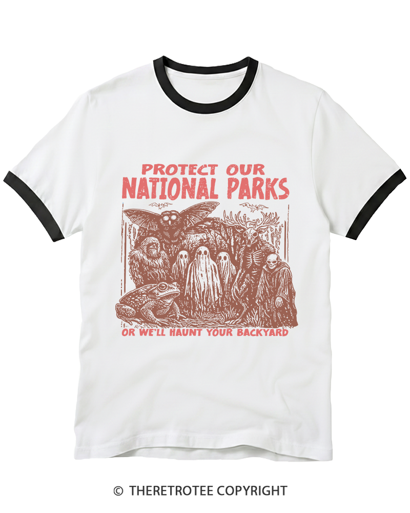 TheRetroTee Cryptid Creatures Protect Our Parks Camping Hiking Ringer T-Shirt