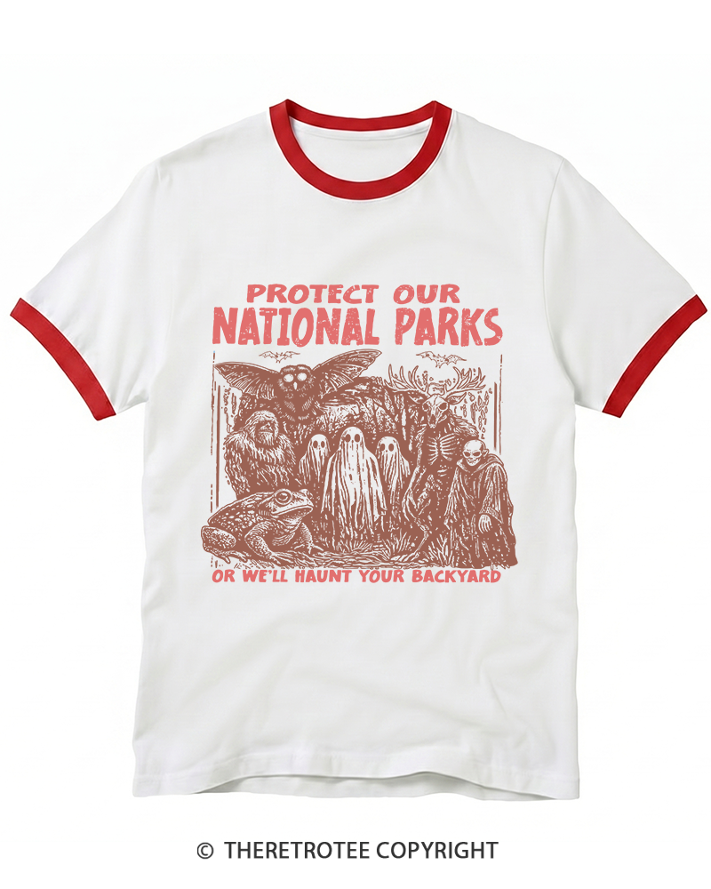 TheRetroTee Cryptid Creatures Protect Our Parks Camping Hiking Ringer T-Shirt