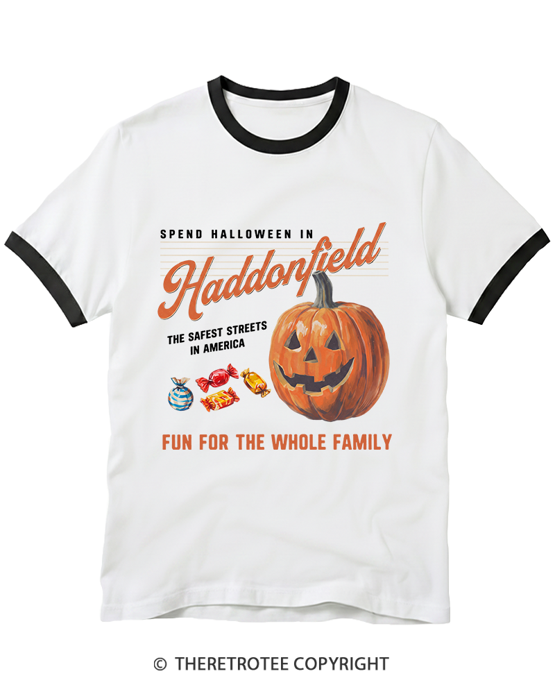 TheRetroTee Halloween in Haddonfield 1970s Ringer T-Shirt