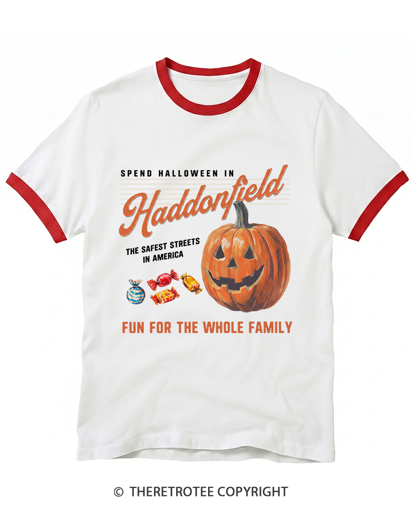 TheRetroTee Halloween in Haddonfield 1970s Ringer T-Shirt