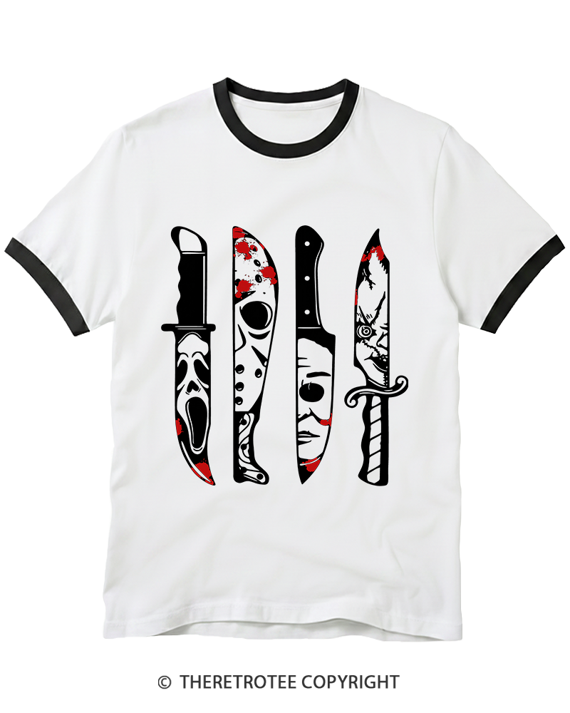 TheRetroTee Horror Movie Characters In Knives 1970s Ringer T-Shirt