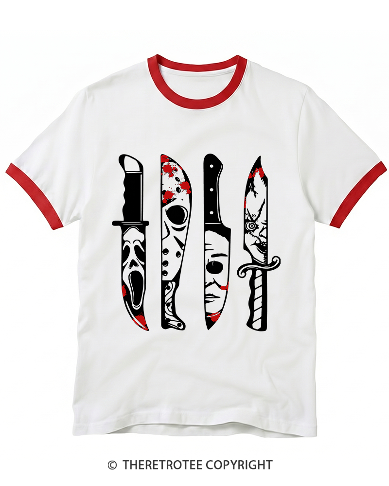 TheRetroTee Horror Movie Characters In Knives 1970s Ringer T-Shirt
