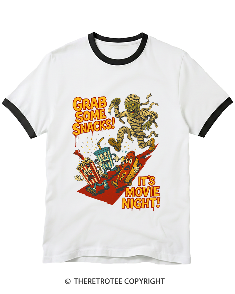 TheRetroTee Grab Some Snacks It's Movie Night Ringer T-Shirt