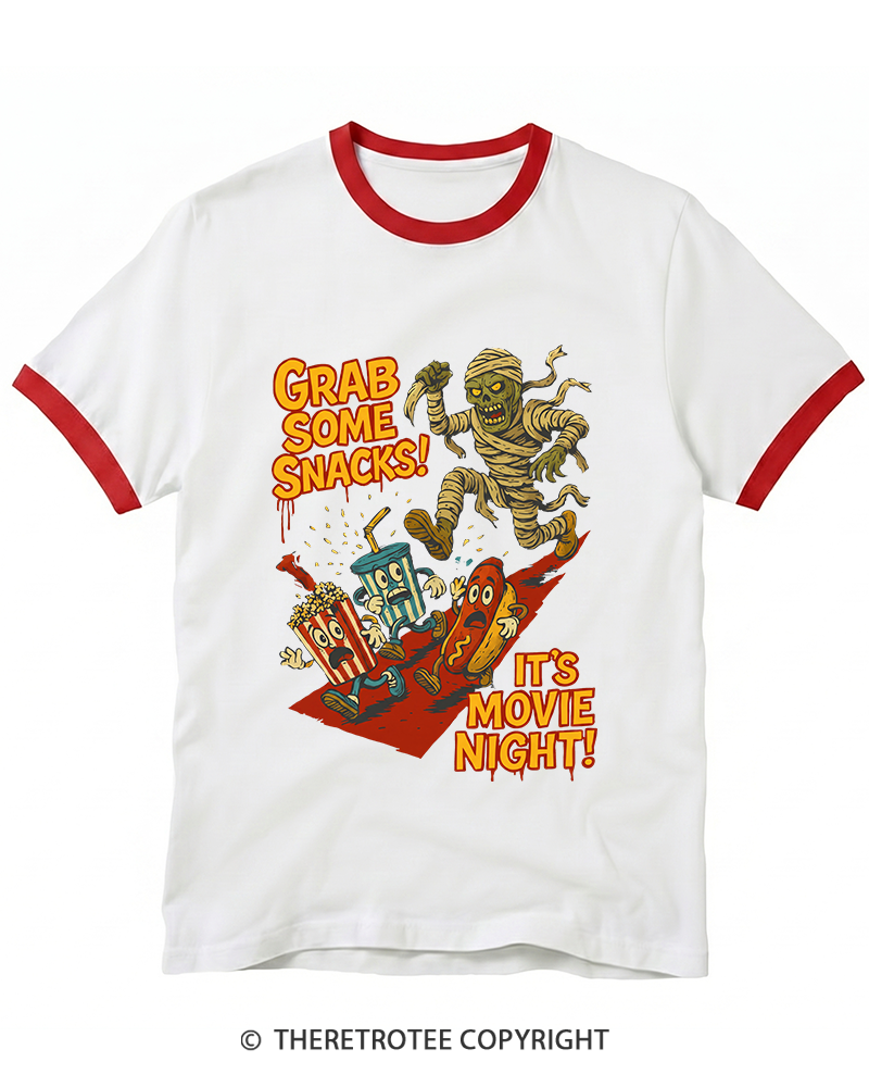 TheRetroTee Grab Some Snacks It's Movie Night Ringer T-Shirt