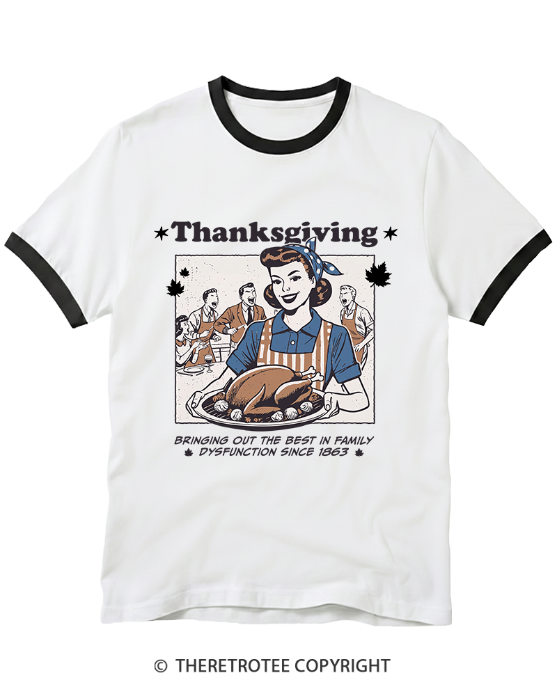 TheRetroTee Retro Thanksgiving Dysfunctional Family Turkey Ringer T-Shirt