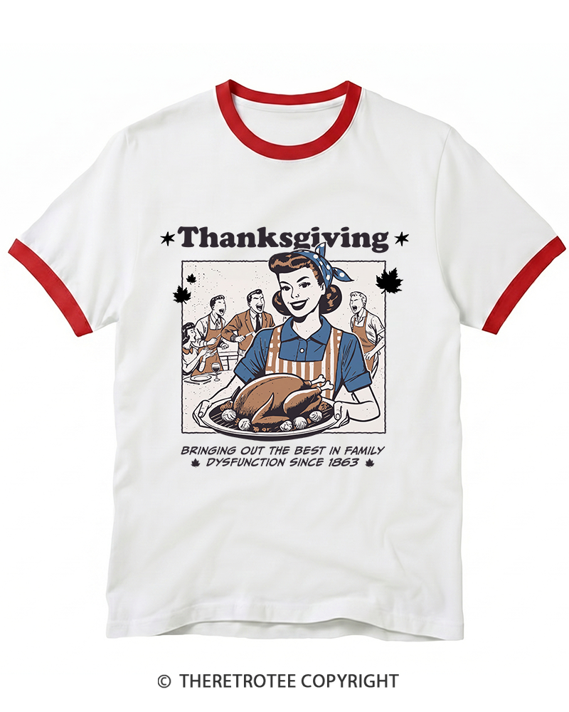 TheRetroTee Retro Thanksgiving Dysfunctional Family Turkey Ringer T-Shirt