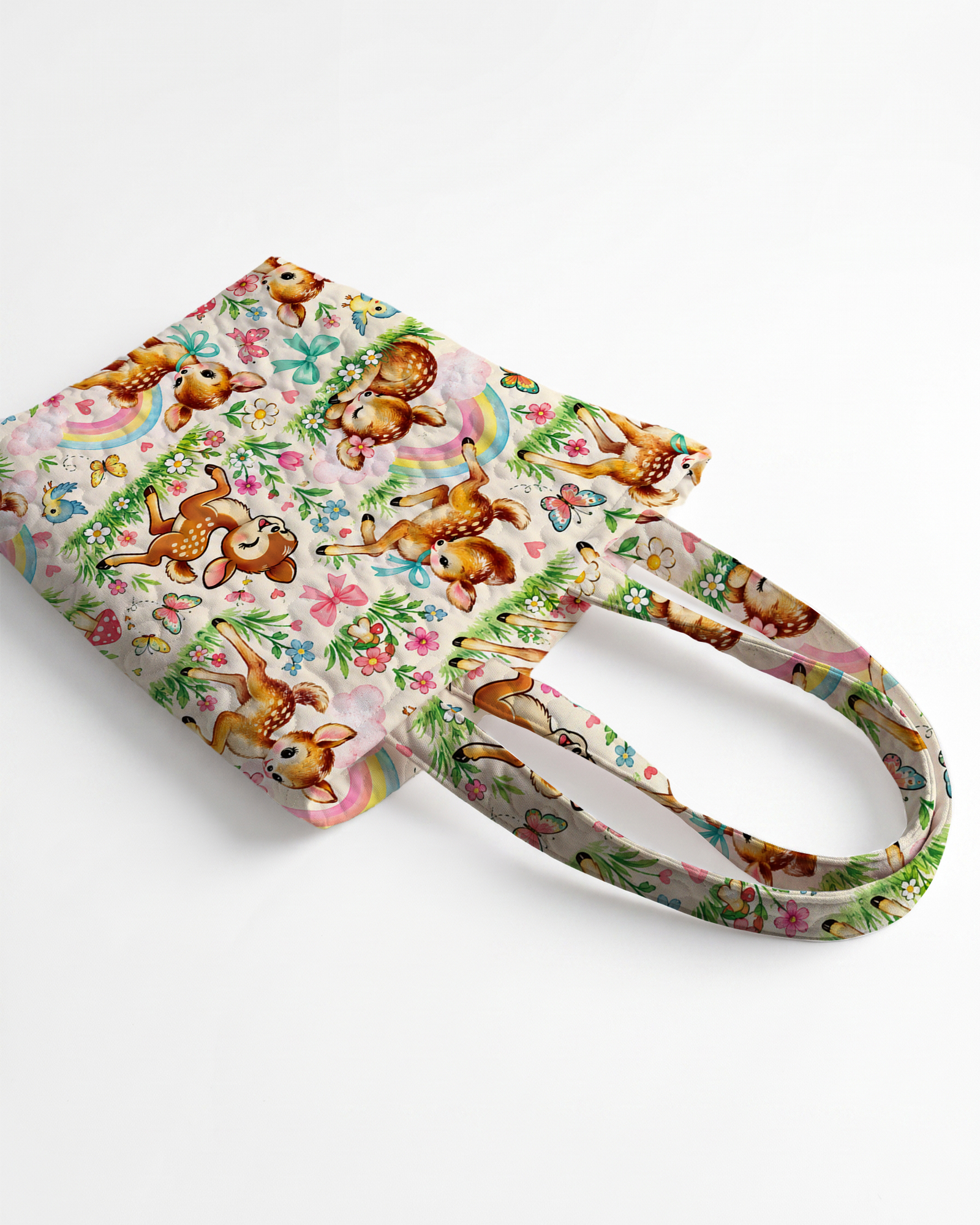 TheRetroTee Whimsical Fawn Rainbow Garden Tote Bag