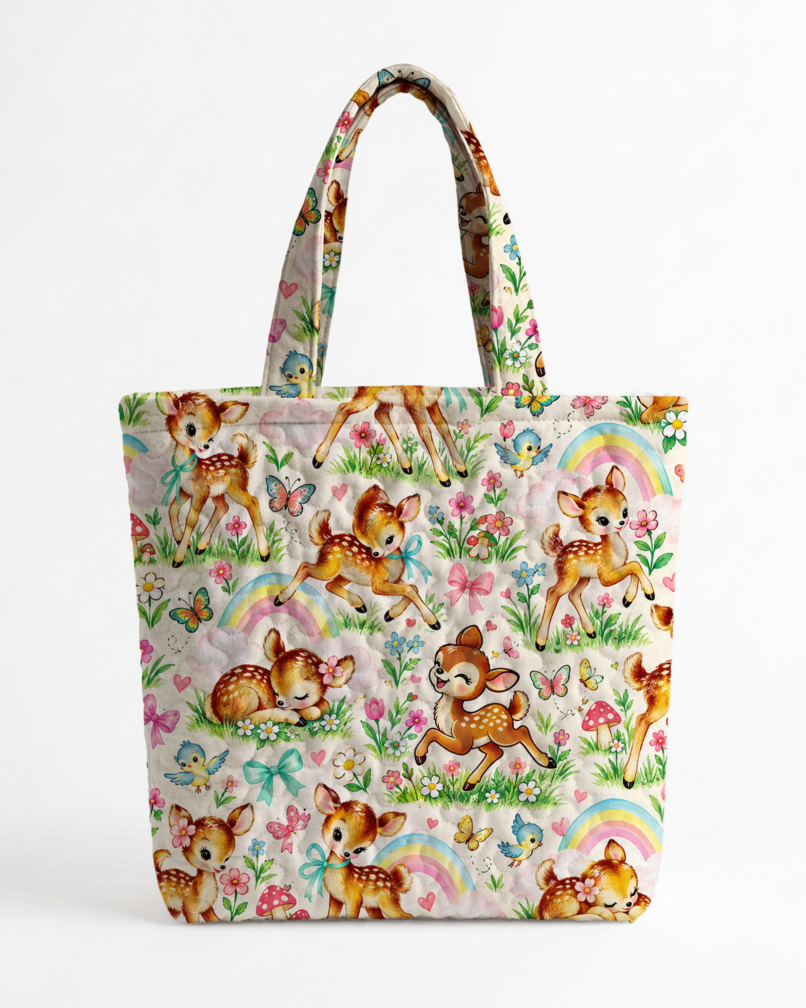 TheRetroTee Whimsical Fawn Rainbow Garden Tote Bag