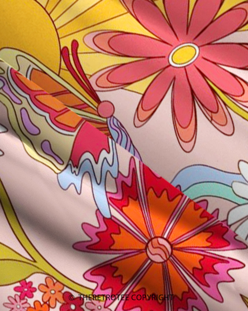 TheRetroTee 1970s Retro Groovy Sunflower Psychedelic Floral Strappy Maxi Dress