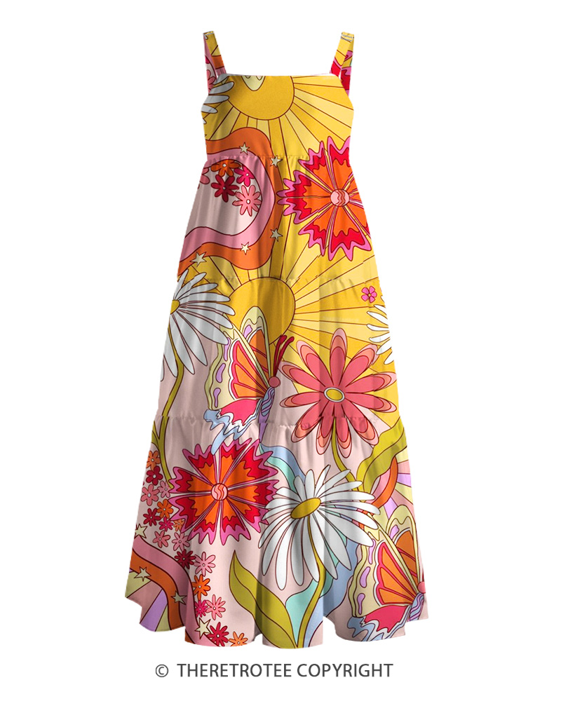 TheRetroTee 1970s Retro Groovy Sunflower Psychedelic Floral Strappy Maxi Dress