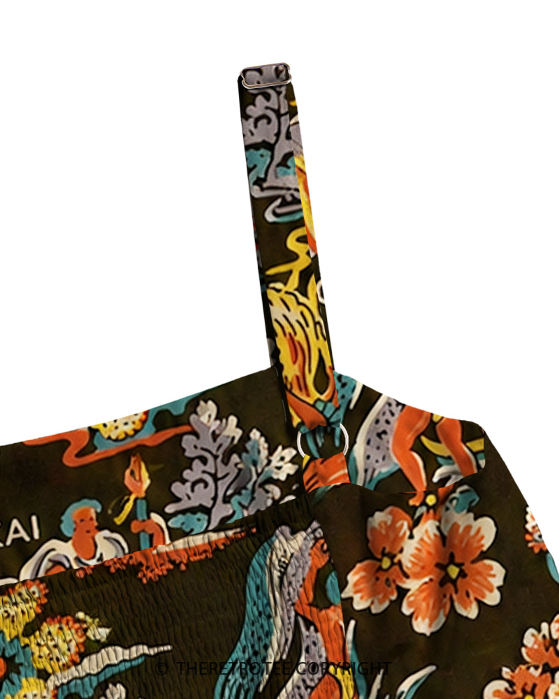 TheRetroTee 1950s Vintage Hawaiian Tiki Tropical Map Print Strappy Maxi Dress