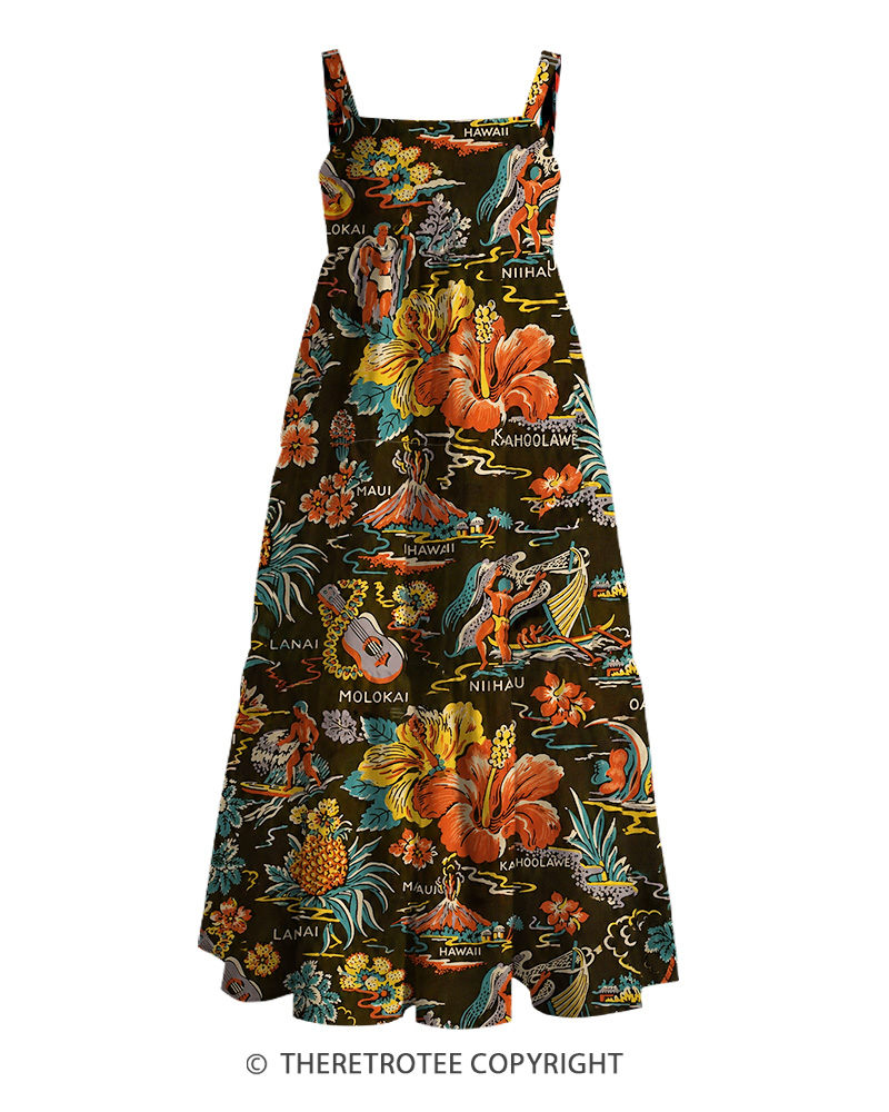 TheRetroTee 1950s Vintage Hawaiian Tiki Tropical Map Print Strappy Maxi Dress