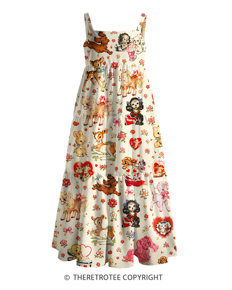 TheRetroTee 1950s Vintage Cute Kitsch Animal Collage Print Strappy Maxi Dress