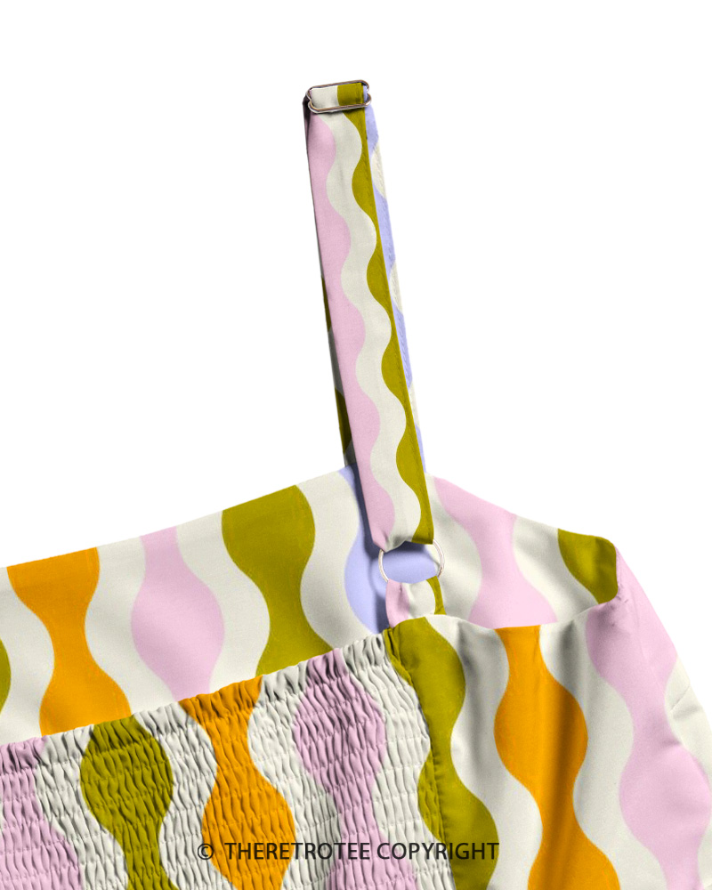 TheRetroTee 1970s Retro Groovy Wavy Stripe Pastel Boho Strappy Maxi Dress