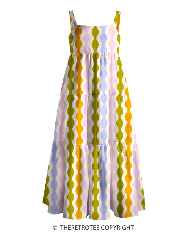TheRetroTee 1970s Retro Groovy Wavy Stripe Pastel Boho Strappy Maxi Dress
