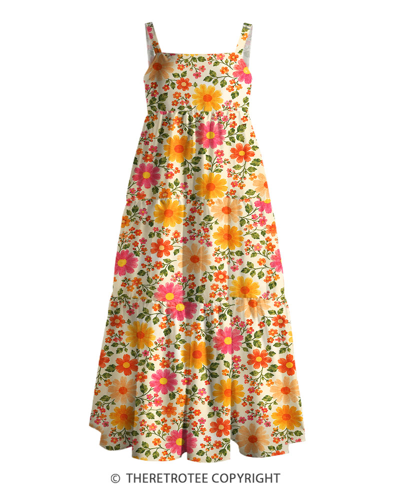 TheRetroTee 1960s Vintage Graphic Flower Power Daisy Maxi Dress