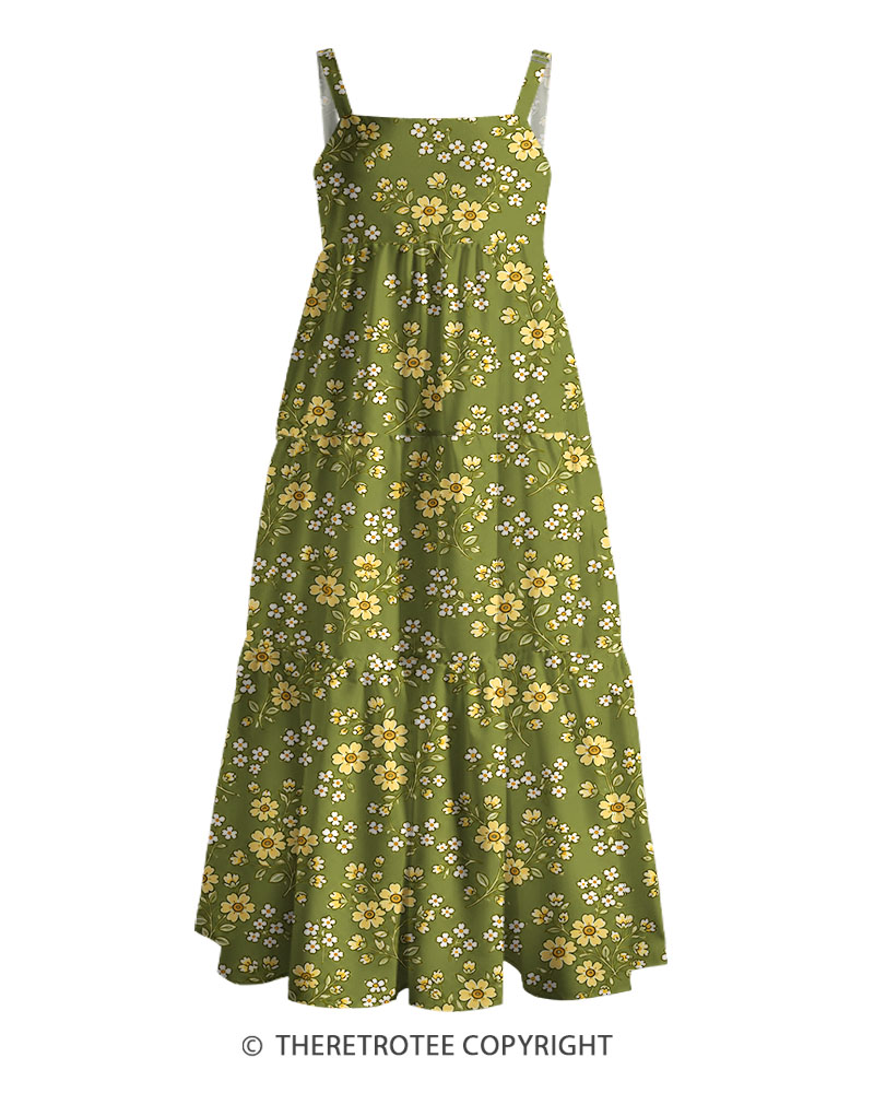 TheRetroTee 1960s Vintage Graphic Daisy Green Garden Maxi Dress