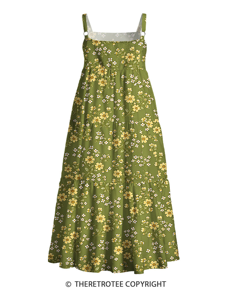 TheRetroTee 1960s Vintage Graphic Daisy Green Garden Maxi Dress